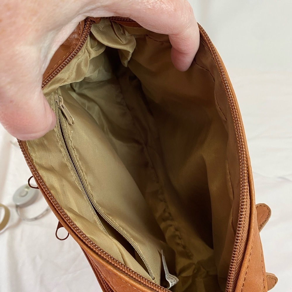 Cognac Faux Leather Organizer Shoulder Bag | Multi-Zip Everyday Purse - Picture 10 of 13